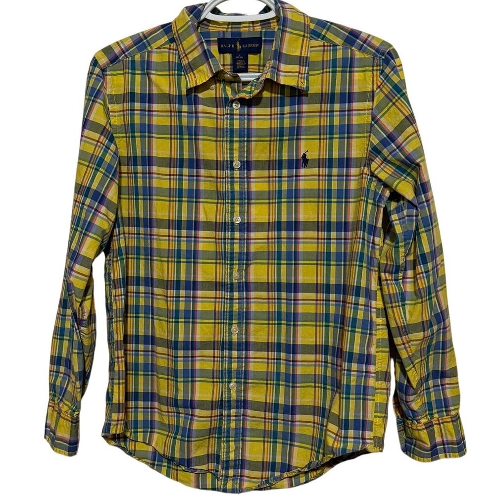 Ralph Lauren Youth Boy's Yellow Blue Plaid Long Sleeve Button Down Shirt Size L